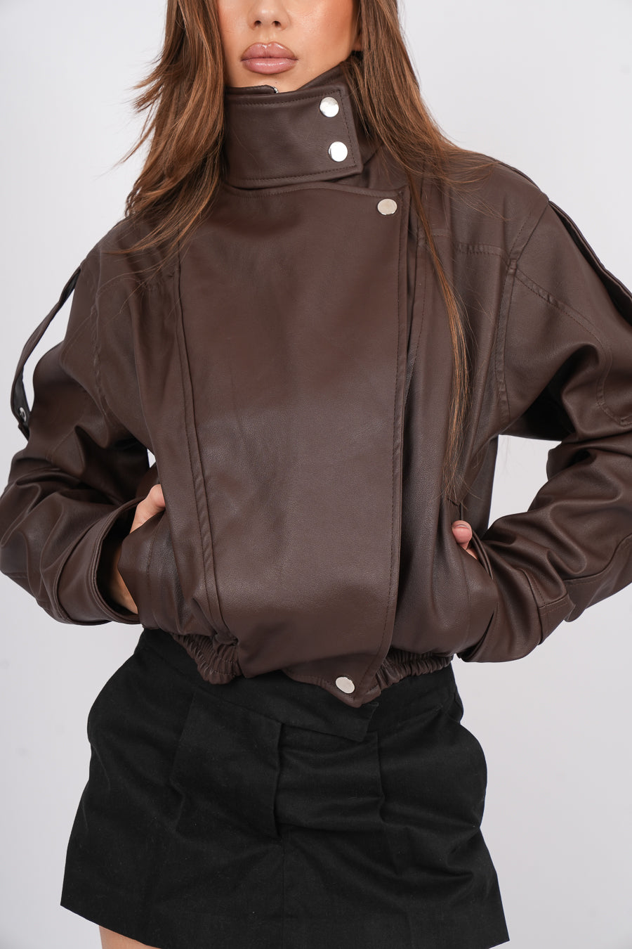 High-Neck Leather Jacket
in brown