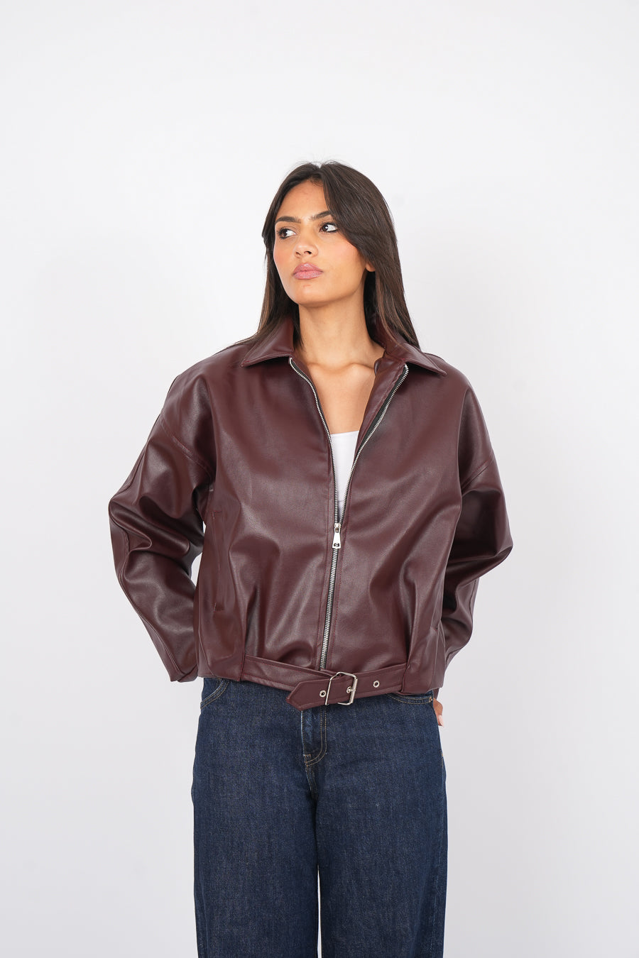 Belted Leather jacket In Burgundy