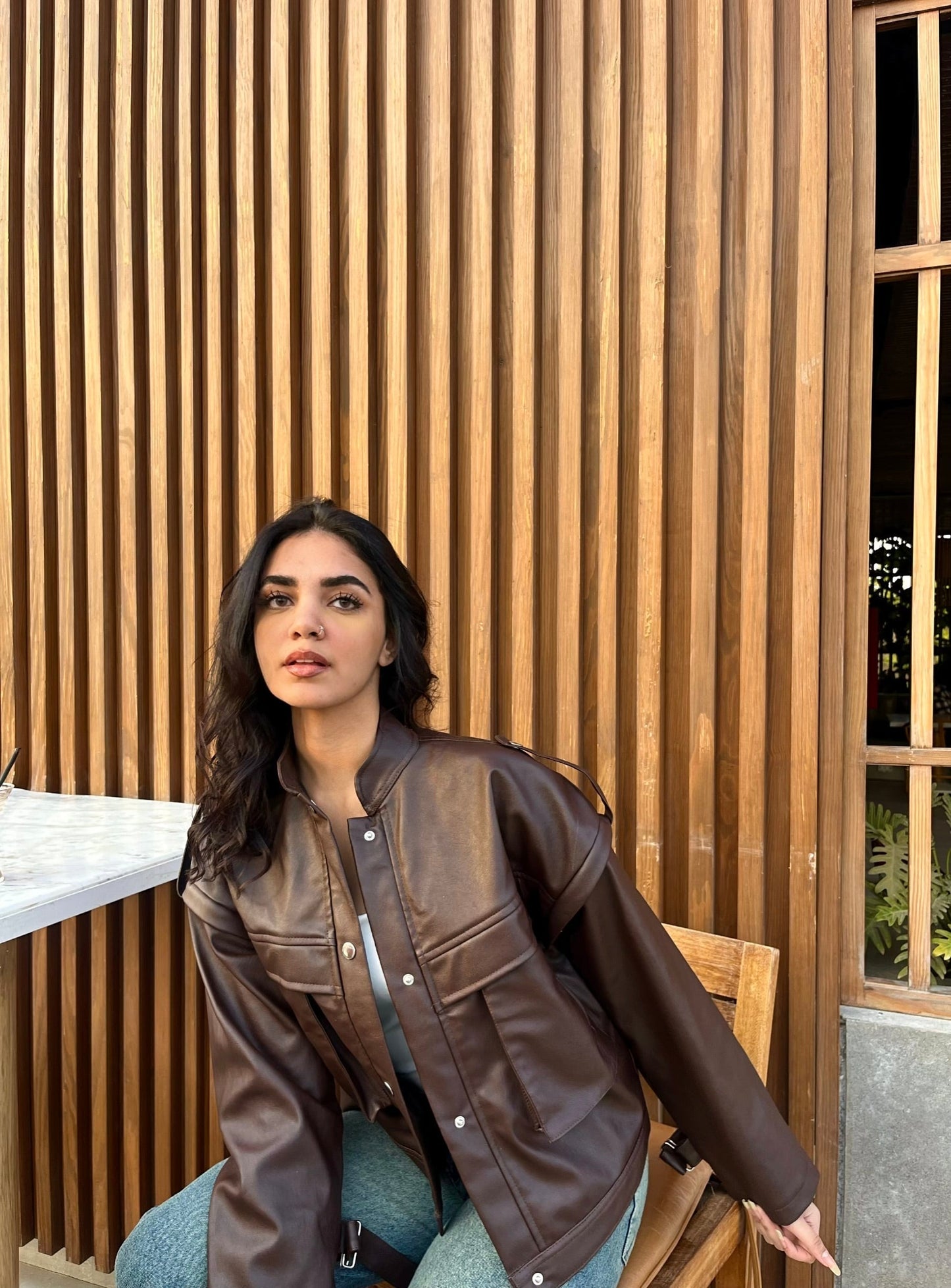 Leather Buttoned Jacket In Brown