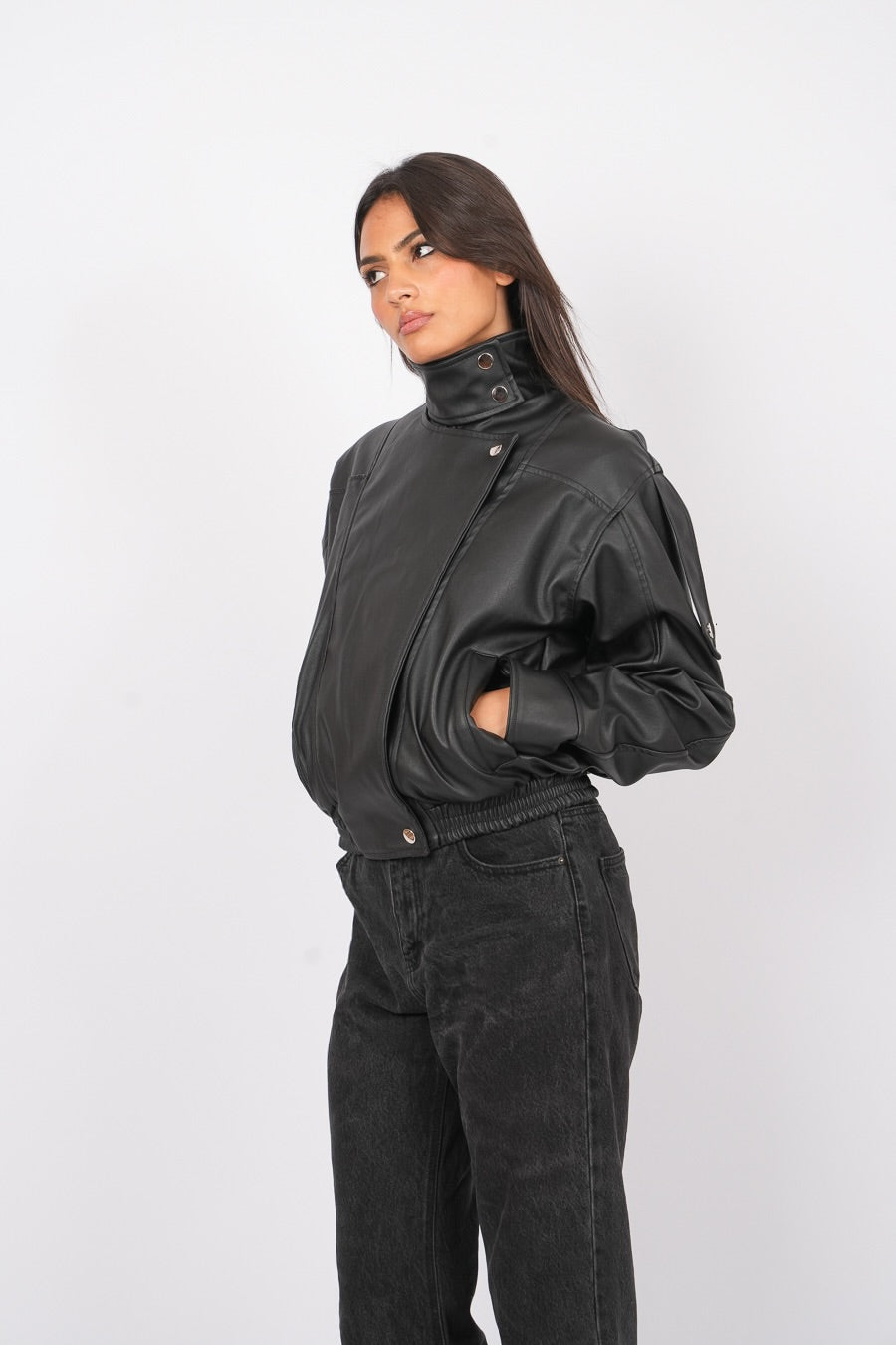 High-Neck Leather Jacket
 in black