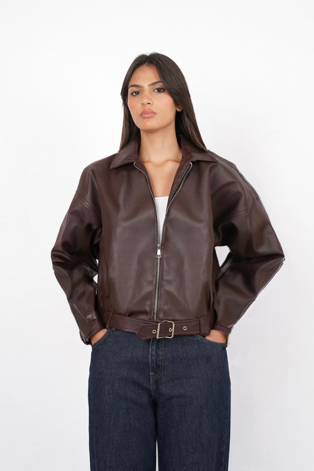 Belted Leather jacket In Brown