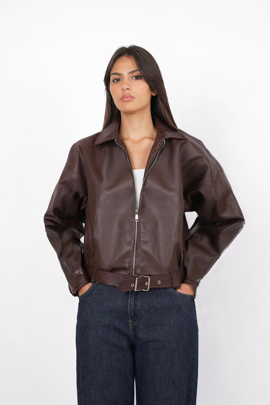 Belted Leather jacket In Brown