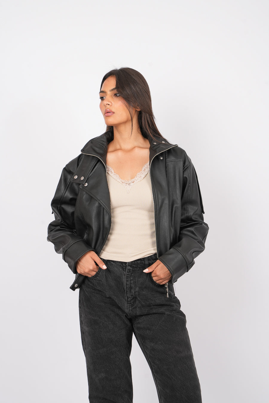 High-Neck Leather Jacket
 in black