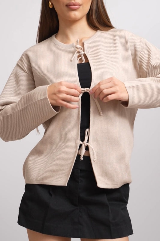 Bow Knit Cardigan In Beige
