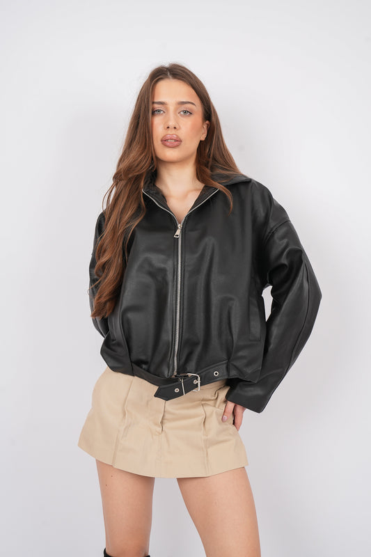 Belted Leather jacket In Black