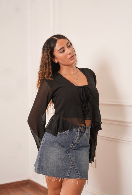 Tie Front Chiffon Blouse In black