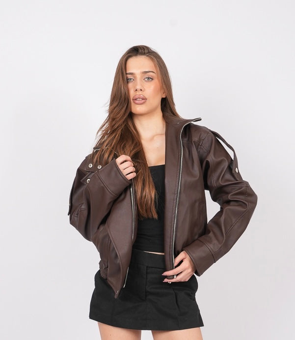 High-Neck Leather Jacket
 in brown