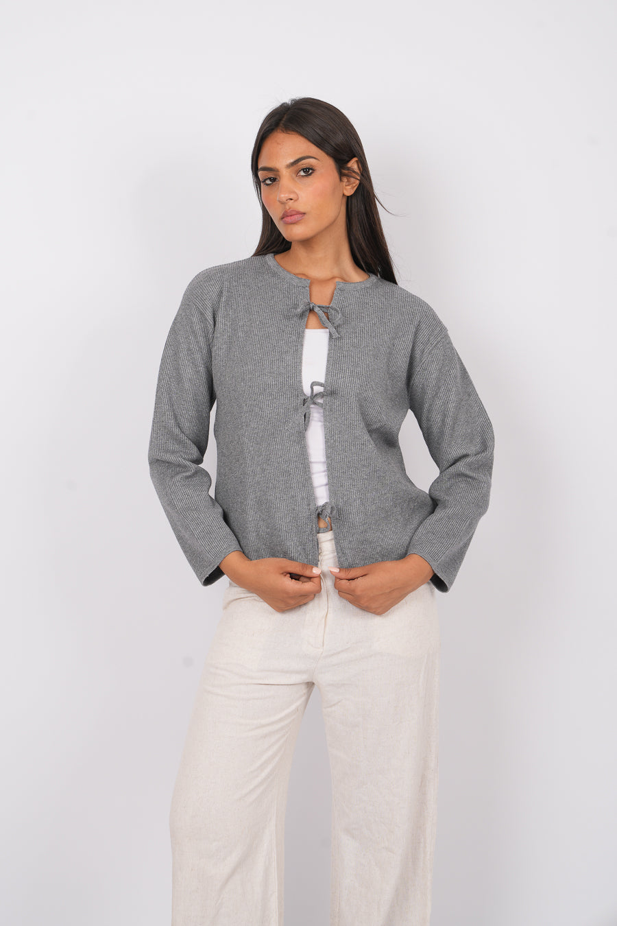 Bow Knit Cardigan In Grey
