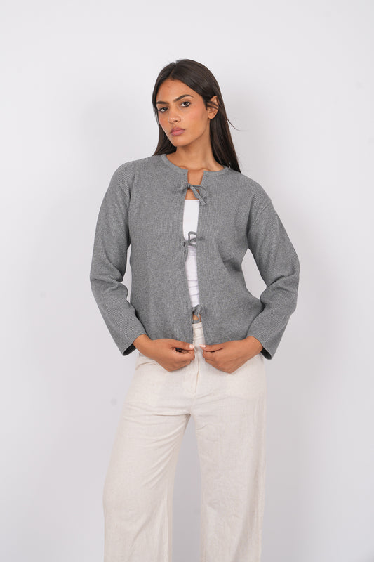 Bow Knit Cardigan In Grey