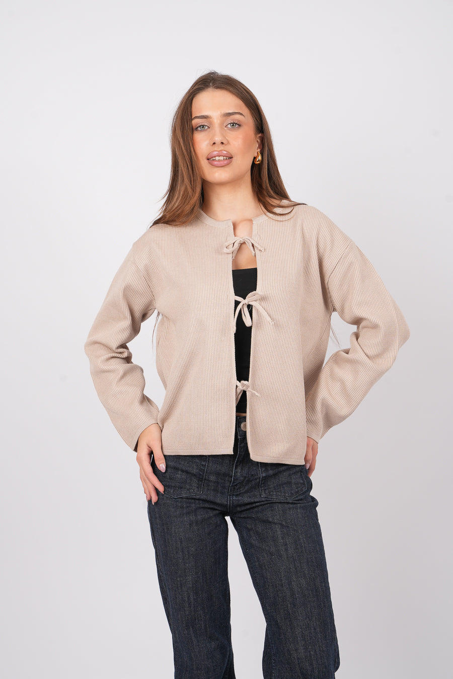 Bow Knit Cardigan In Beige